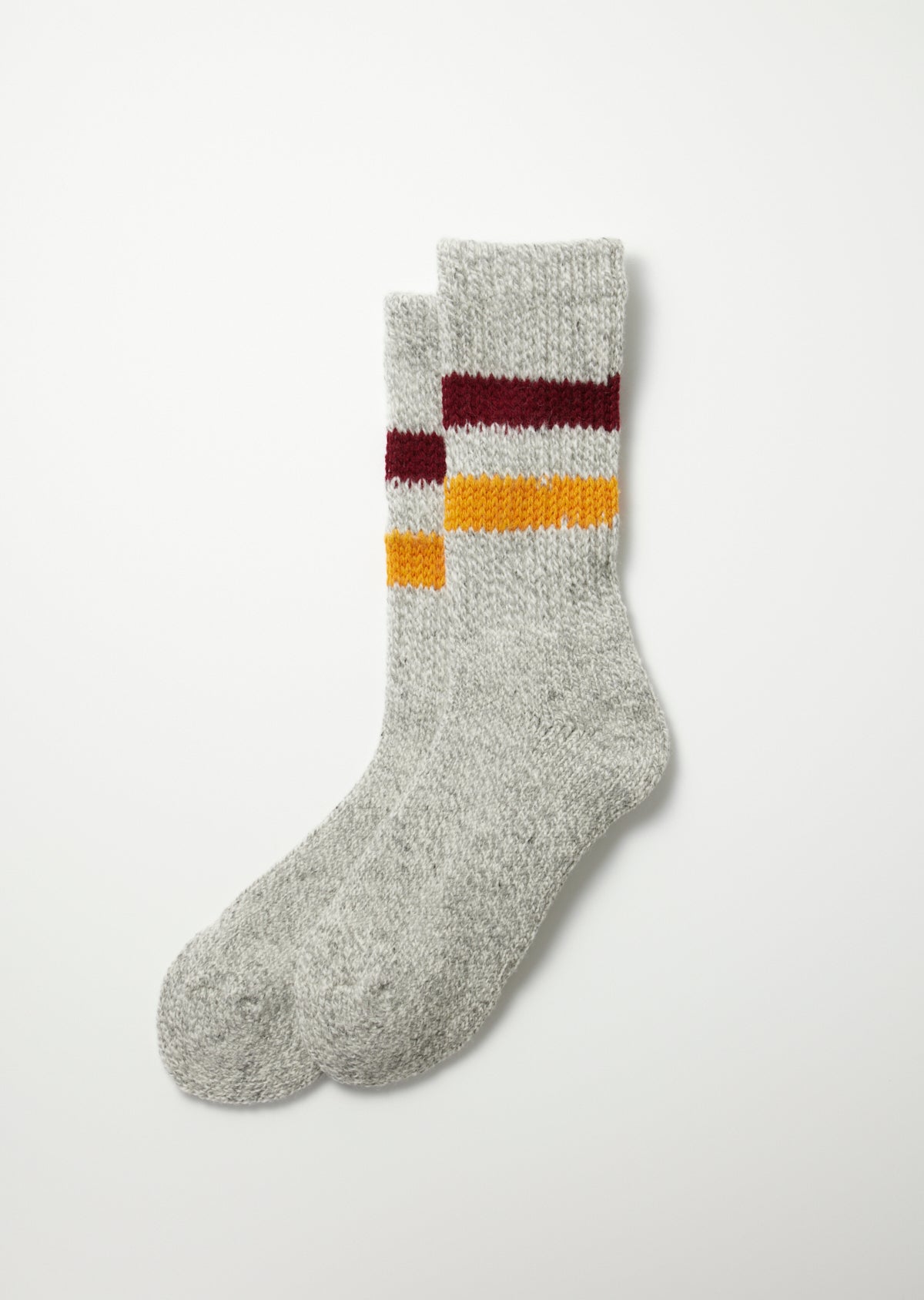 Retro Winter Outdoor Sock in heather gray with burgundy and golden yellow stripes at the cuff, lying flat.