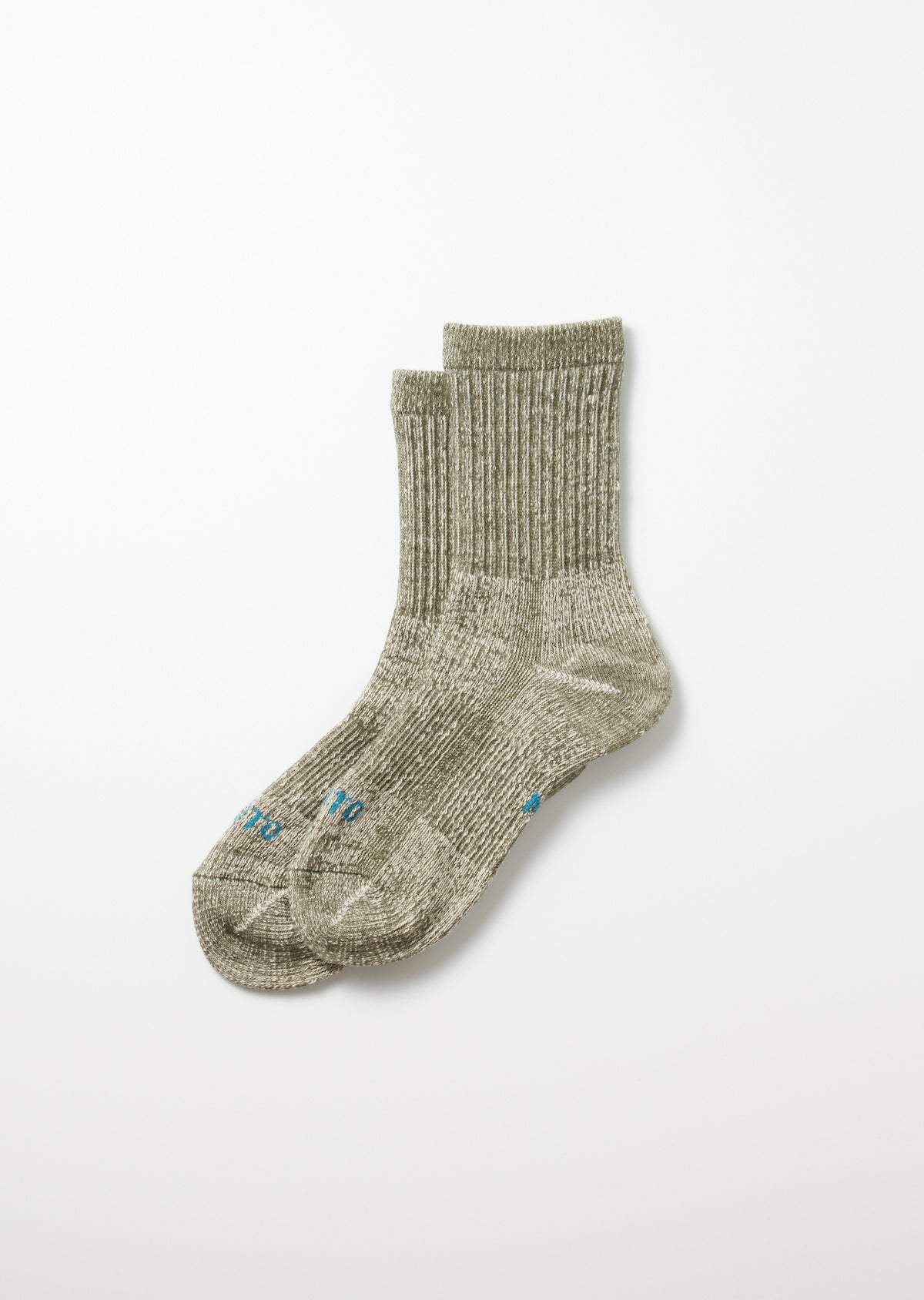 Two heathered olive green double face mini crew socks with ribbed cuffs and blue embroidered detail, lying flat.