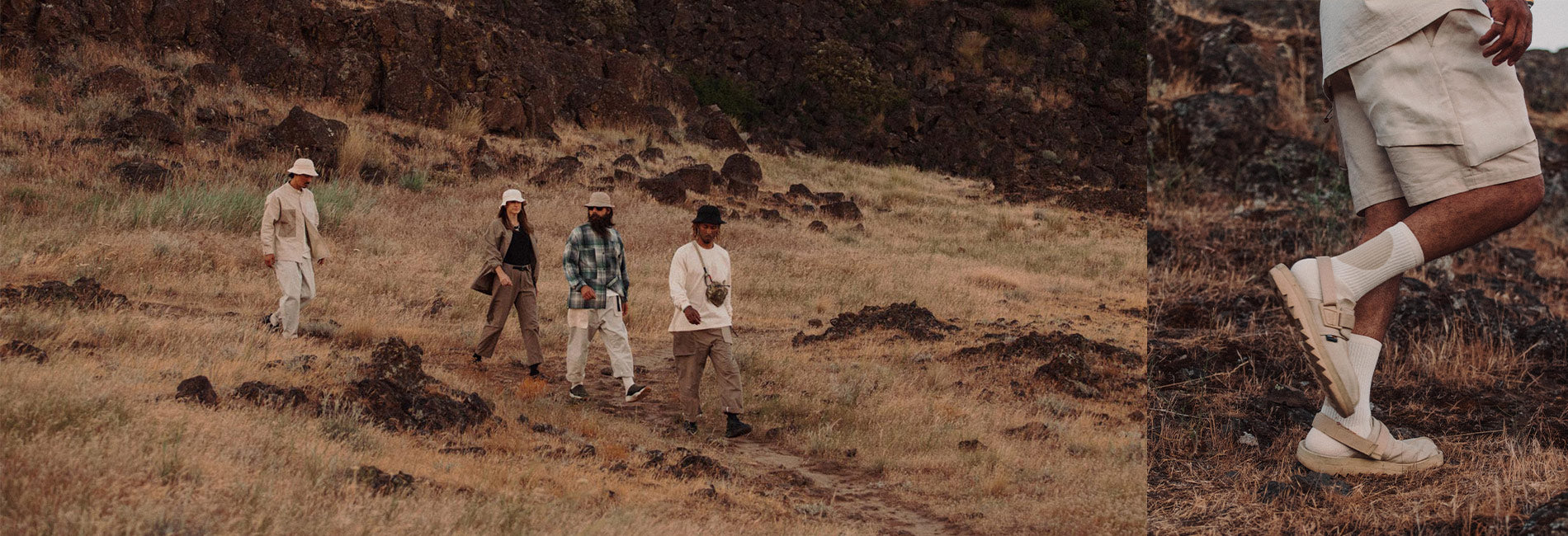 Earthy-toned bottoms in rugged terrain—cargo pants, shorts, and relaxed fits for adventurous, minimalist style.