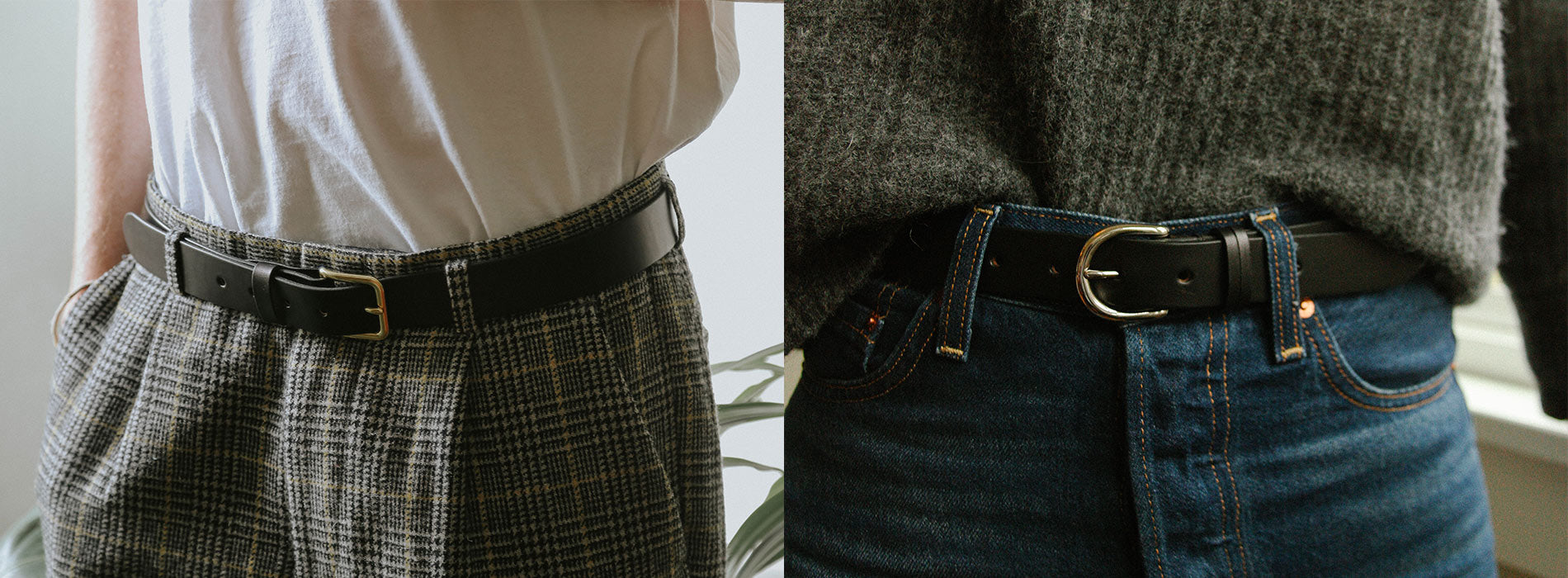 Slim black leather belts with gold buckles styled on plaid trousers and dark denim, embodying minimalist everyday elegance.