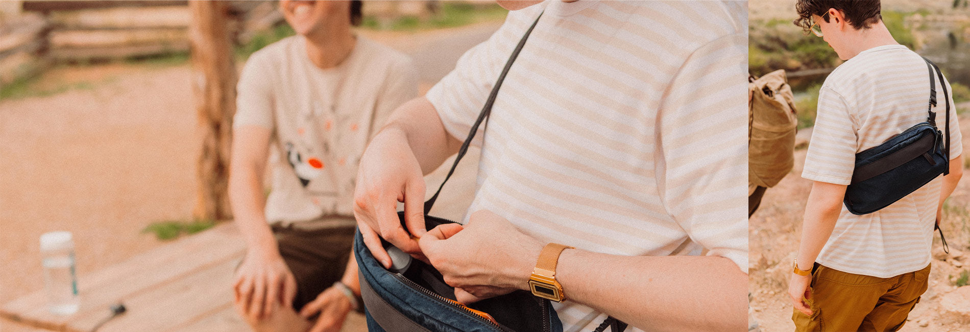 Warm-toned outdoor scene featuring striped tees, navy crossbody bag, and gold watch—perfect for adventure-ready essentials.