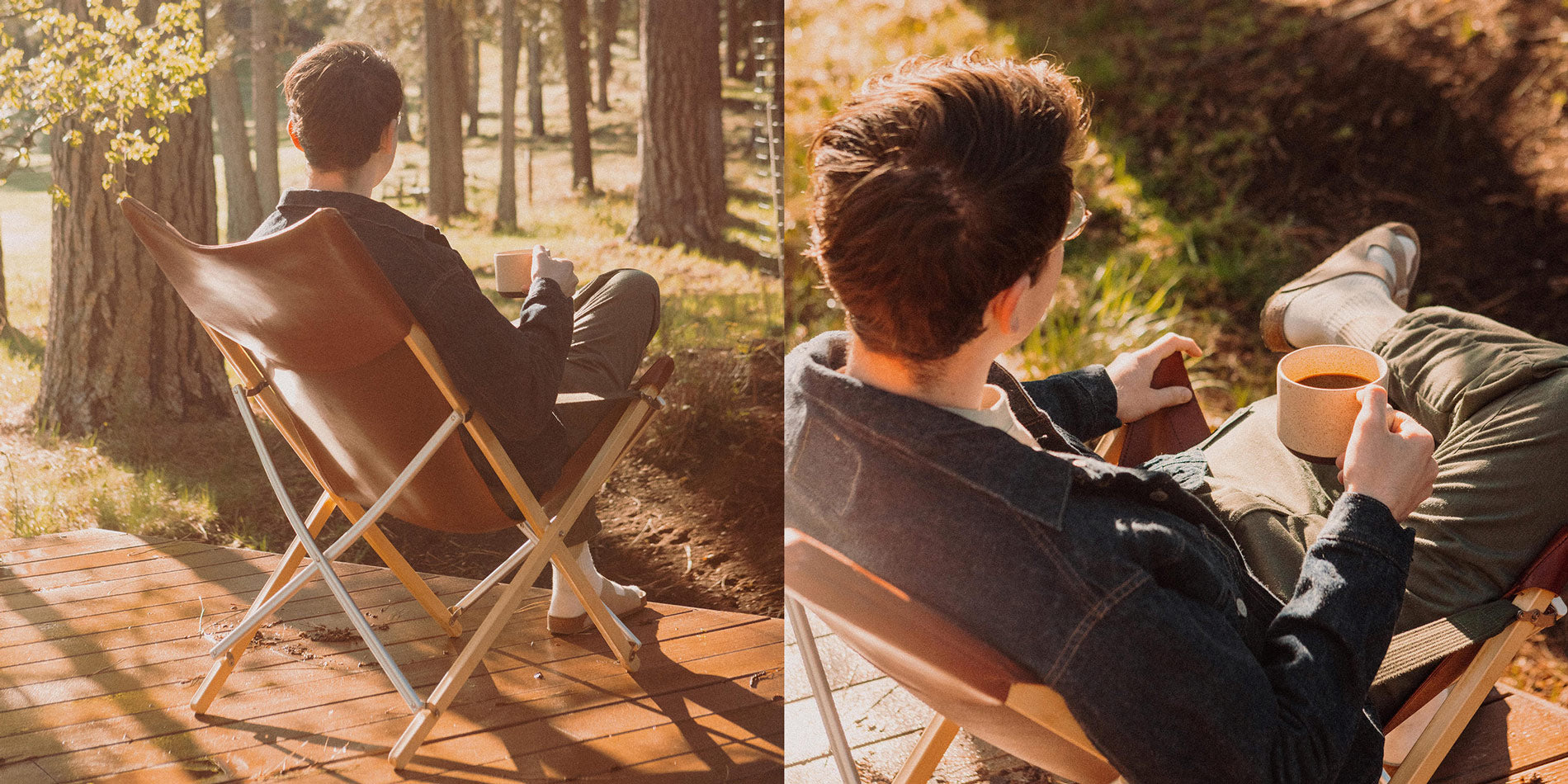 Warm woodland scene with person relaxing in leather camp chair, sipping coffee, surrounded by nature—thoughtful outdoor essentials in earthy tones.