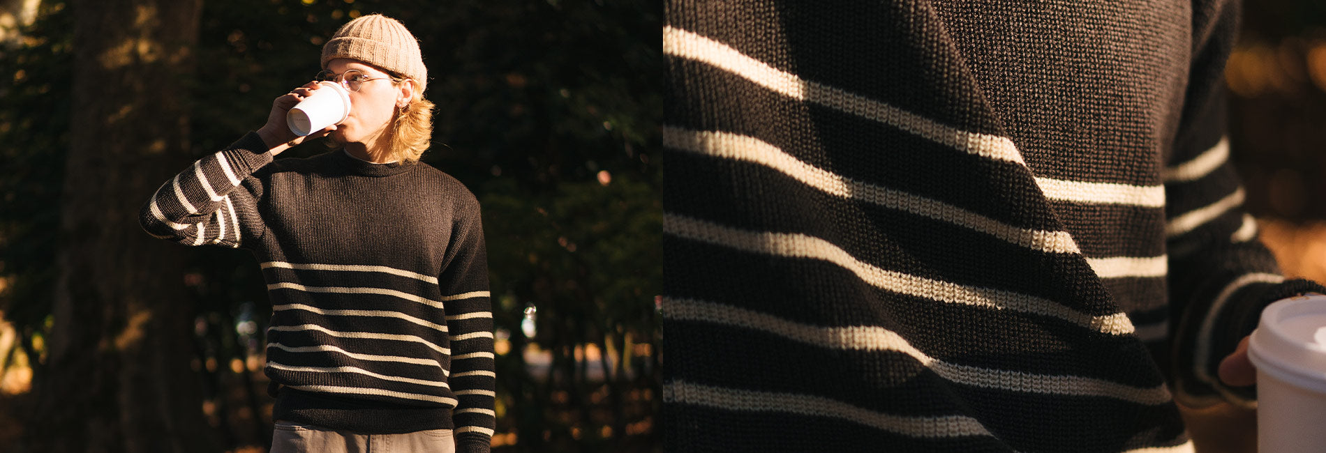 Cozy black and cream striped sweater, soft knit texture, warm autumn park vibe, relaxed everyday style.