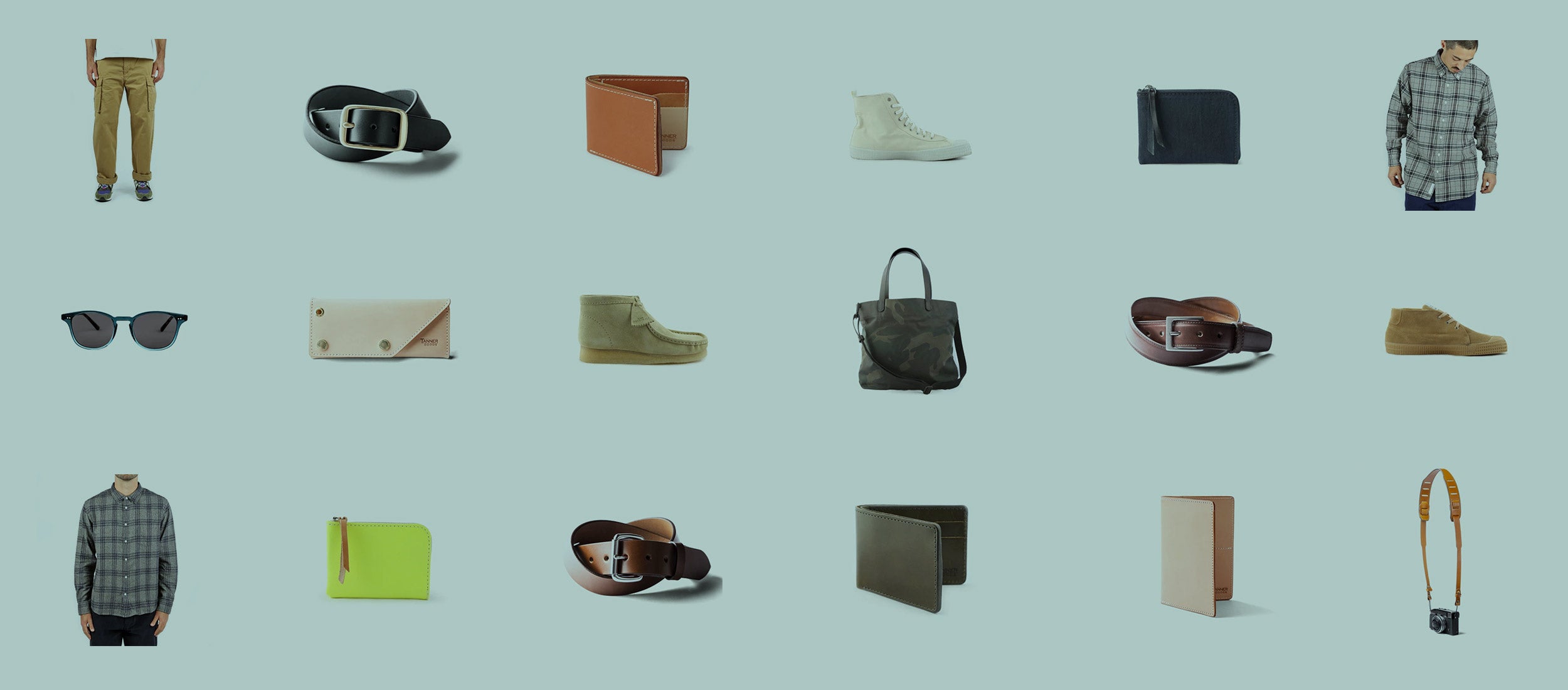 Stylish men’s gifts $100–$200: leather belts, wallets, sneakers, plaid shirts, and accessories in earthy tones and bold accents.