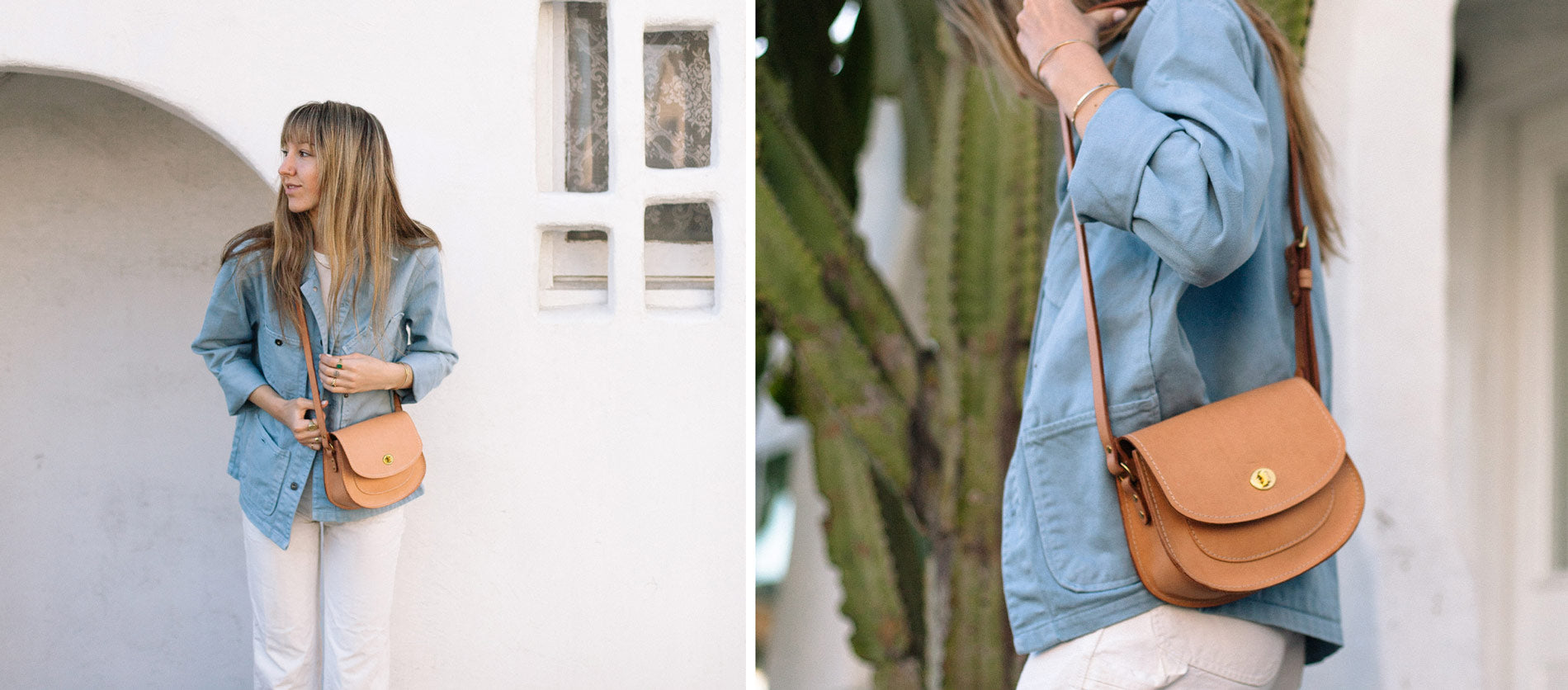 Tan leather saddle bags with gold hardware, styled with denim and white pants, evoking effortless desert-chic adventure.
