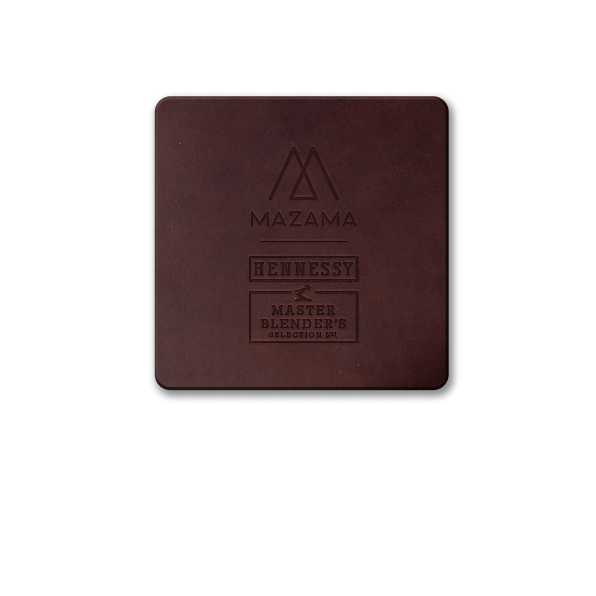 A square, dark brown leather coaster with embossed Mazama, Hennessy, and Master Blender's Selection N°1 text.