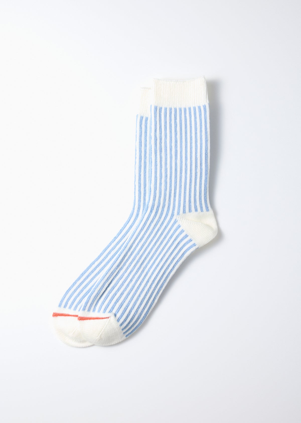 Light blue and white vertical stripe socks with cream cuff, heel, and toe, featuring a red toe seam detail.