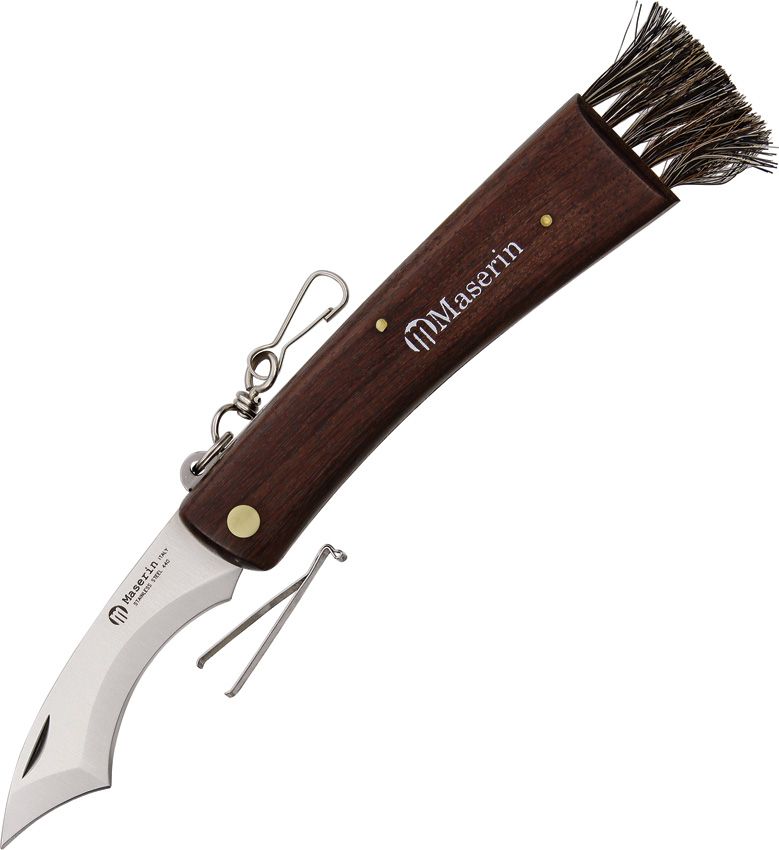 Mushroom knife with a dark brown wooden handle by Maserin, featuring a brush, tweezers, and a carabiner clip.