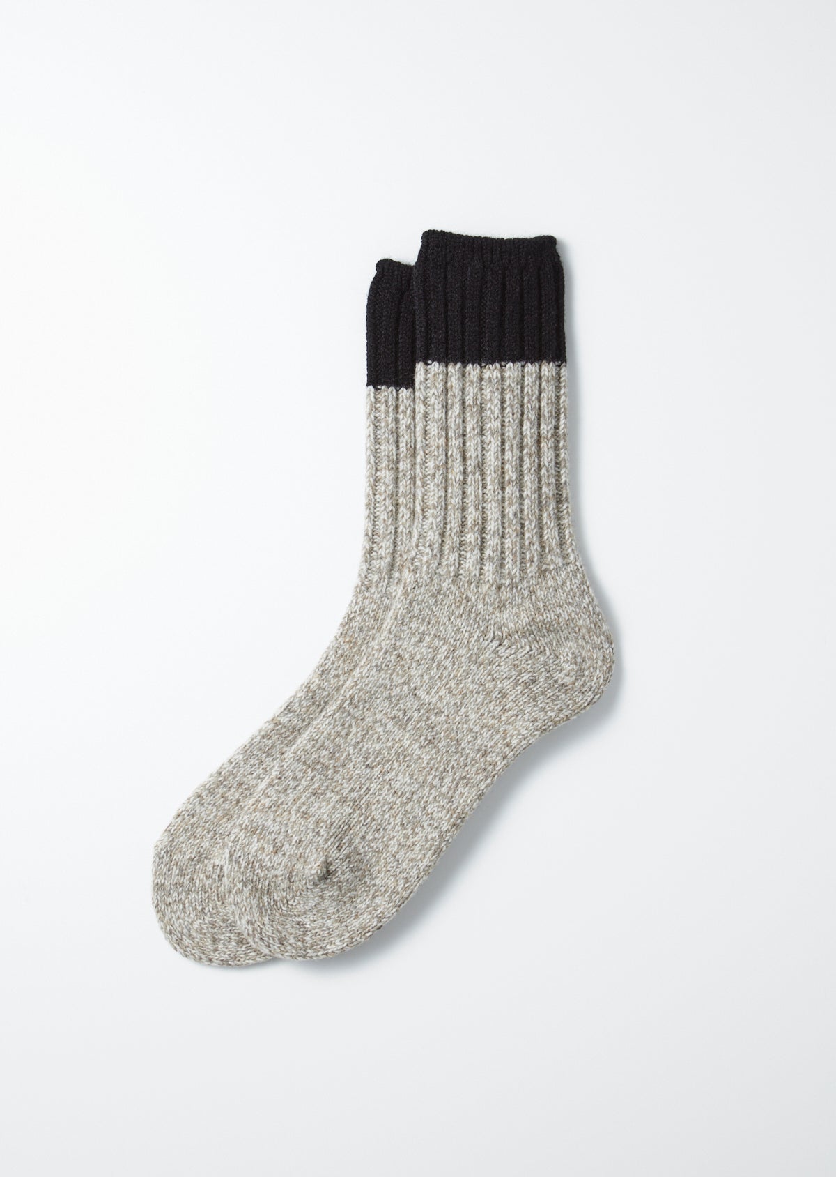 Two-tone Merino wool ragg socks with black ribbed cuffs and light heathered bodies, displayed flat.