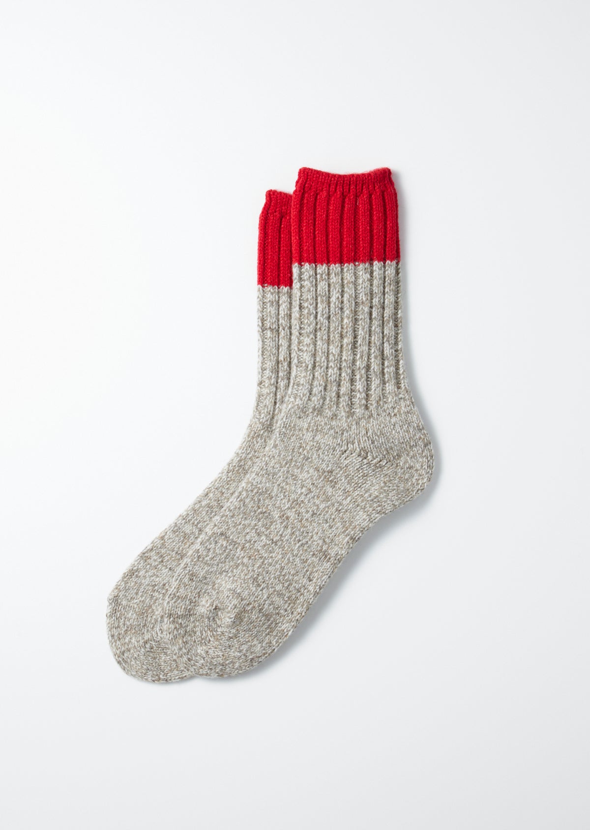 Red Merino Wool Ragg Socks, a pair featuring ribbed red cuffs and speckled light gray bodies.