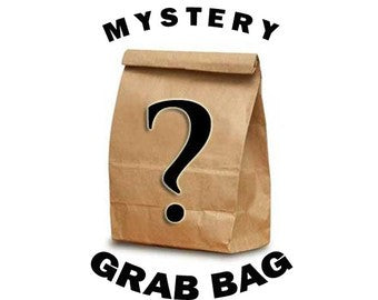 Brown paper Mystery Grab Bag featuring a large black question mark, 'MYSTERY' and 'GRAB BAG' text.