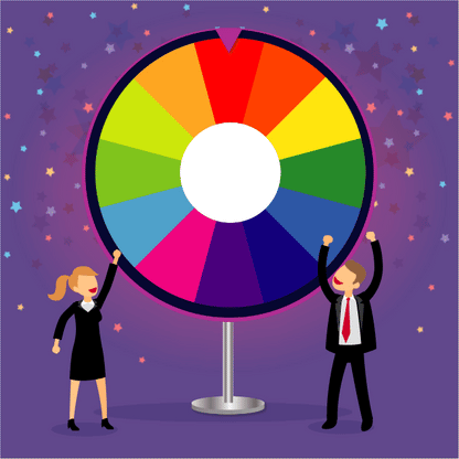 Grab bag item featuring a large, colorful prize wheel with a red pointer, cheered by a smiling woman and a man in a suit.