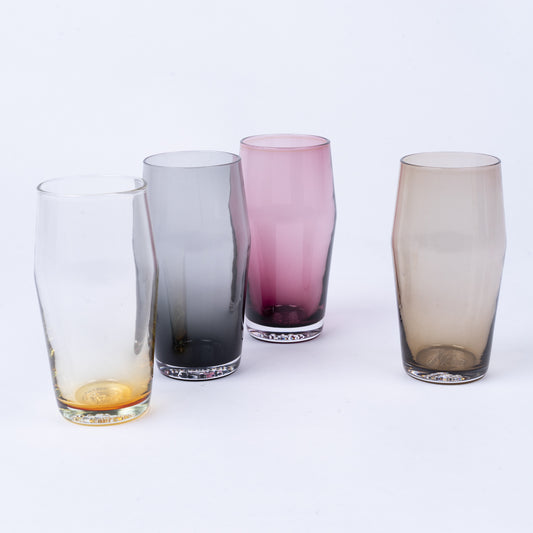 A translucent 20oz pint glass shown in clear, grey, pink, and brown colors, standing upright.