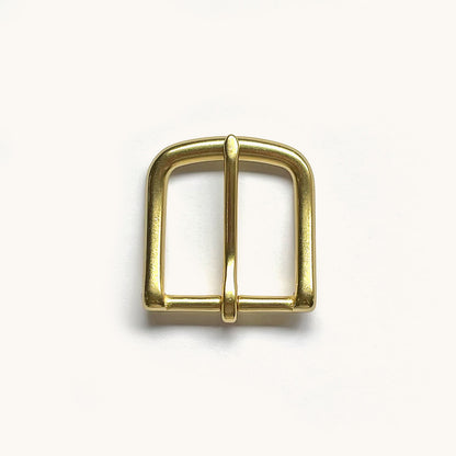 Polished brass roller buckle for a Classic Belt, shown from above on a white background.