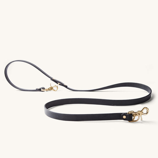 Black convertible canine lead with brass-tone clasps, arranged on a light background.
