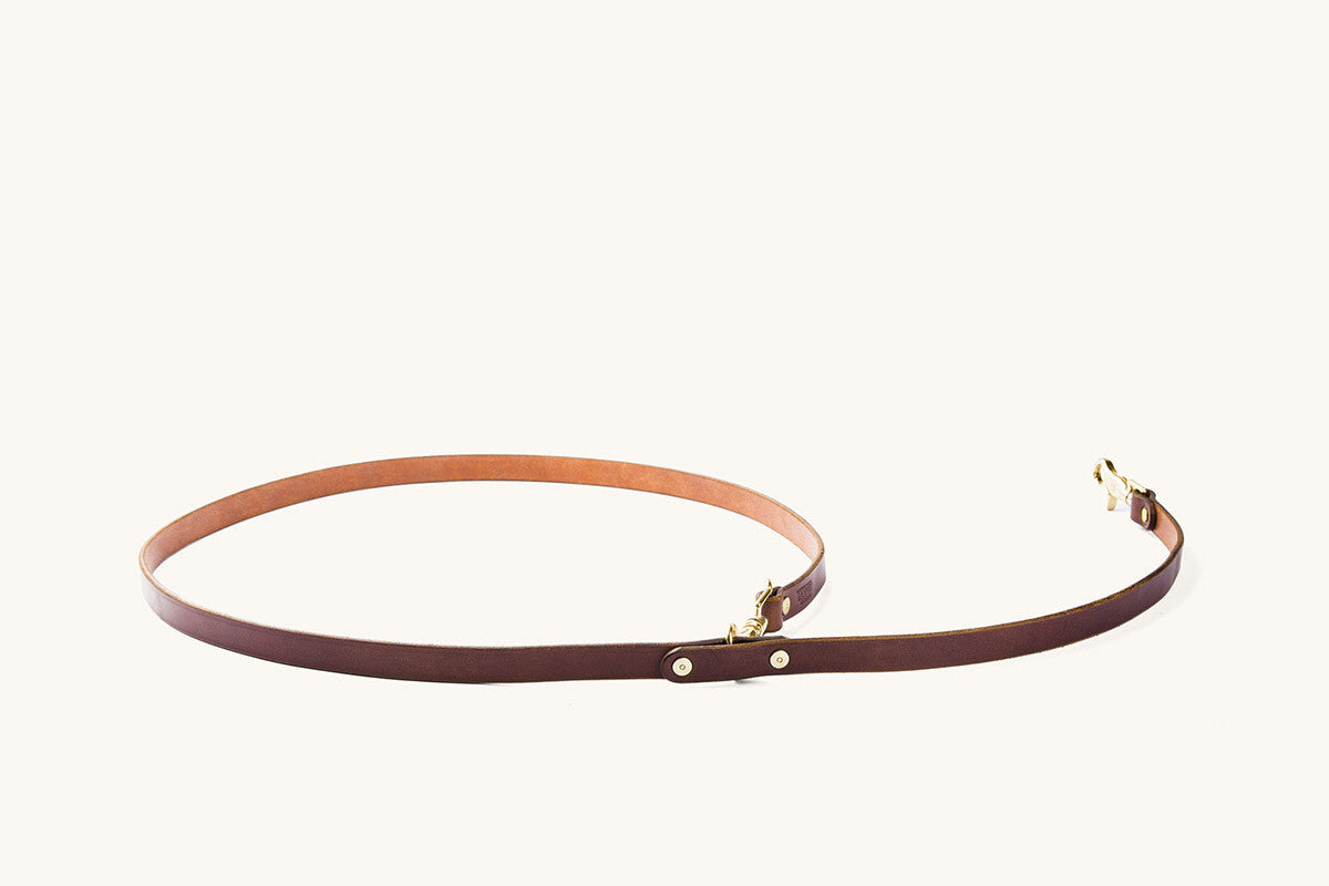 Cognac leather convertible canine lead with gold-tone hardware, laid in an oval shape.