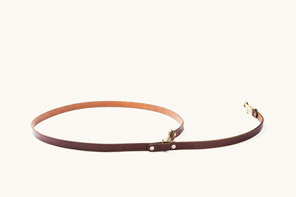 Cognac leather convertible canine lead with gold-tone hardware, laid in an oval shape.