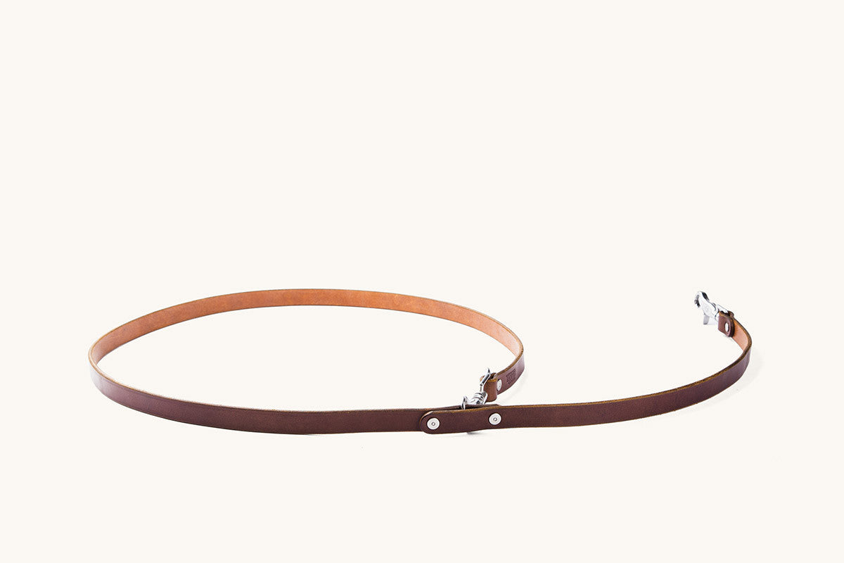 Cognac leather convertible canine lead with silver-colored metal hardware, coiled on a light background.