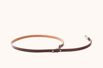 Cognac leather convertible canine lead with silver-colored metal hardware, coiled on a light background.