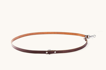 Cognac convertible canine lead made of smooth leather with silver-toned hardware, arranged in an oval.