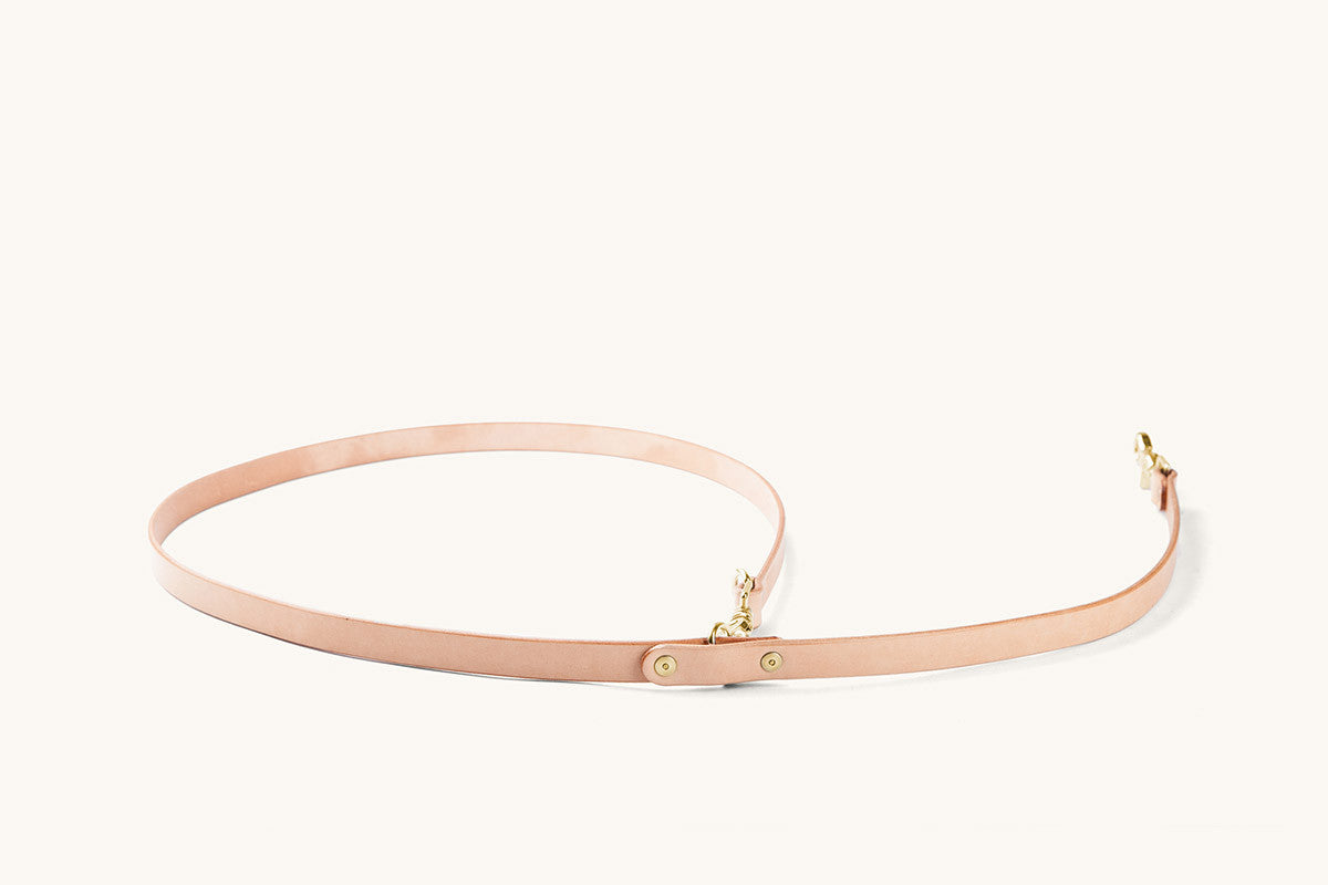 Natural leather convertible canine lead with brass hardware, laid out in a curved shape on a white background.