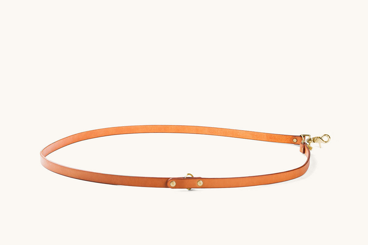 Saddle tan leather convertible canine lead with gold-tone hardware, laid out flat in an oval.