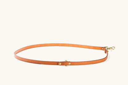 Saddle tan leather convertible canine lead with gold-tone hardware, laid out flat in an oval.